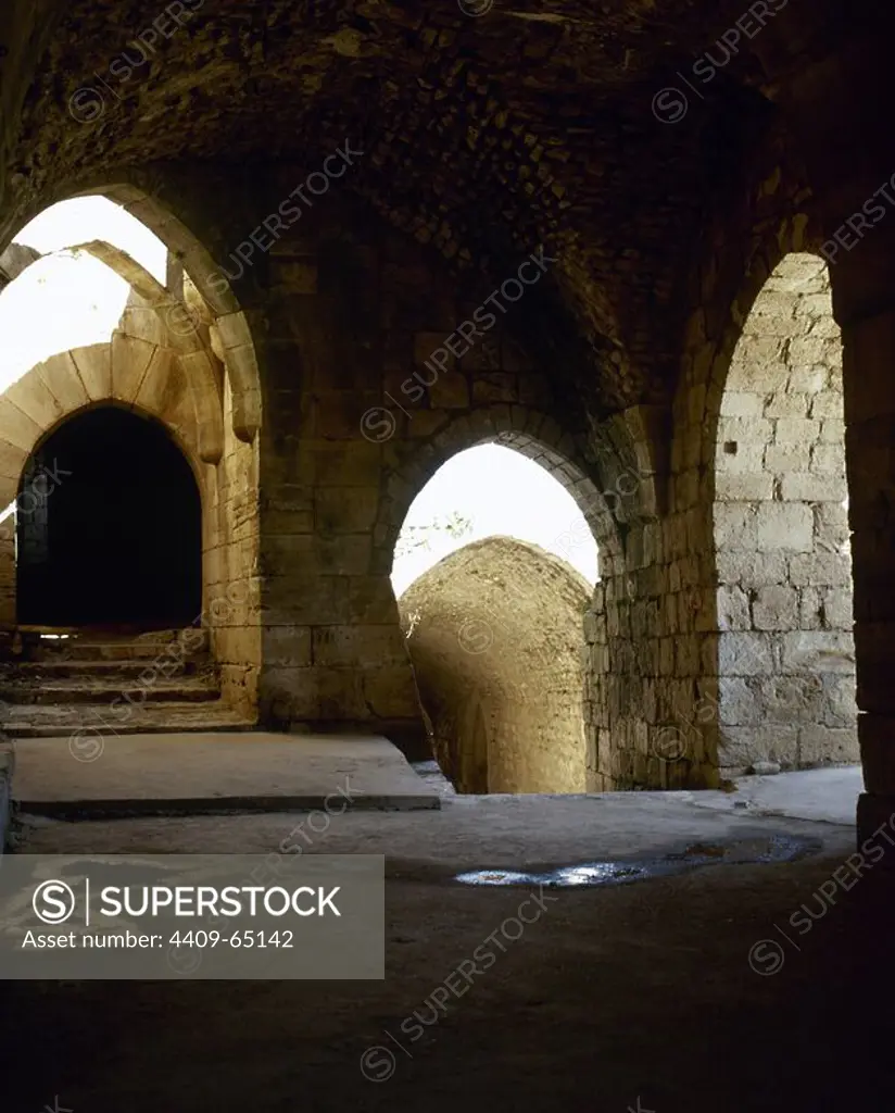 Syria. Talkalakh District, Krak des Chevaliers. Crusader castle, under control of Knights Hospitaller (1142-1271) during the Crusades to the Holy Land, fell into Arab control in the 13th century. Entrance ramp. Photo taken before the Syrian Civil War.