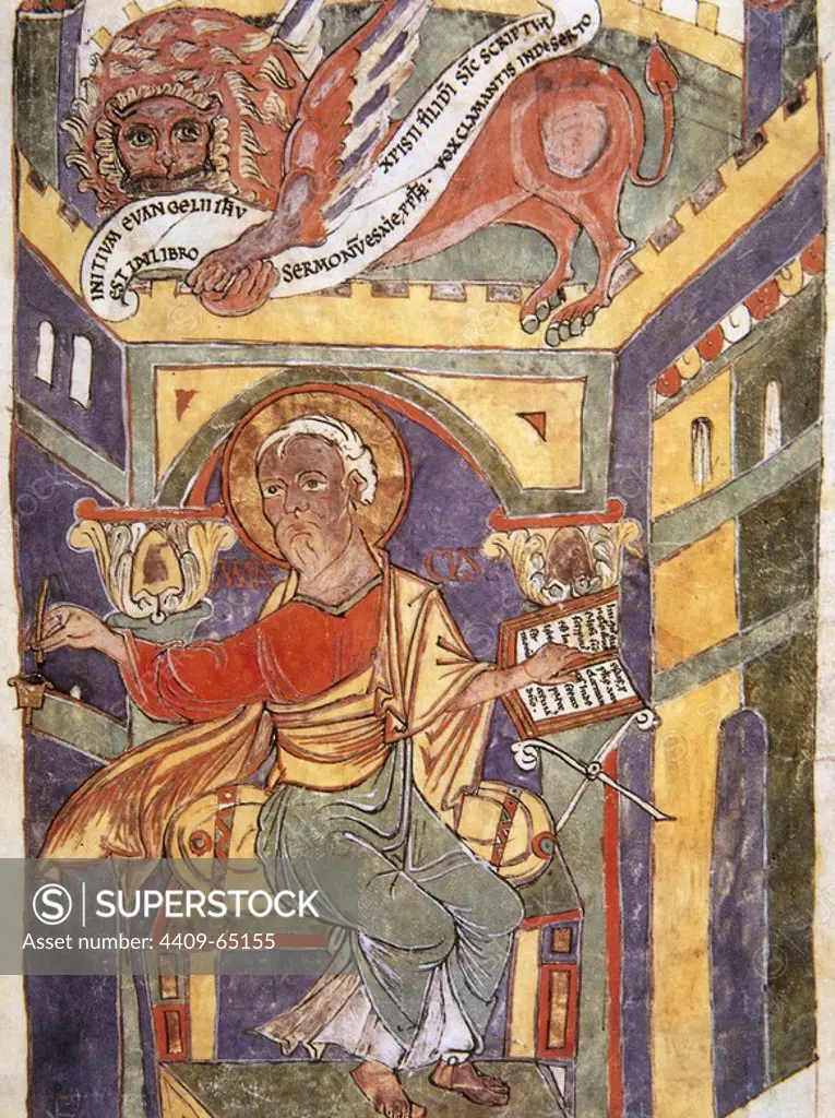 Saint Mark the Evangelist. Miniature, 11th century. "The Book of the Gospel", St. Mark is depicted writing the second gospel, accompanied by the symbol of the tetramorph: the winged lion. Vatican Apostolic Library. Vatican City.