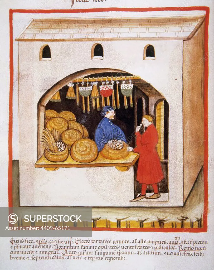 Tacuinum Sanitatis. 14th century. Medieval handbook of health. Establishment. Selling figs. Miniature. Fol. 56v.