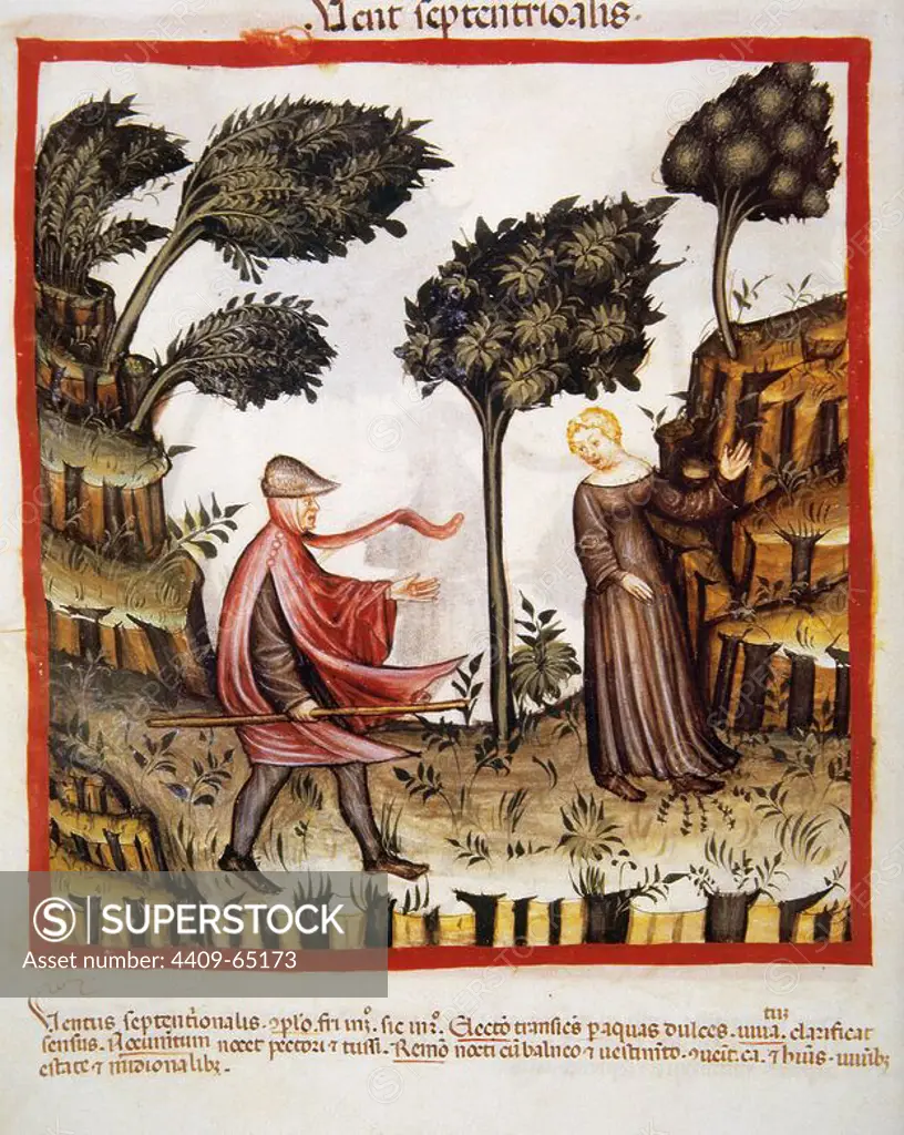 Tacuinum Sanitatis. 14th century. Medieval handbook of health. Couple in field. A day of north wind. Miniature. Fol. 58v.