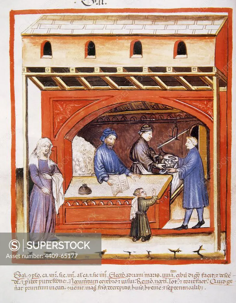 Tacuinum Sanitatis. 14th century. Medieval handbook of health. Establishment. Selling salt. Miniature. Fol. 62v.
