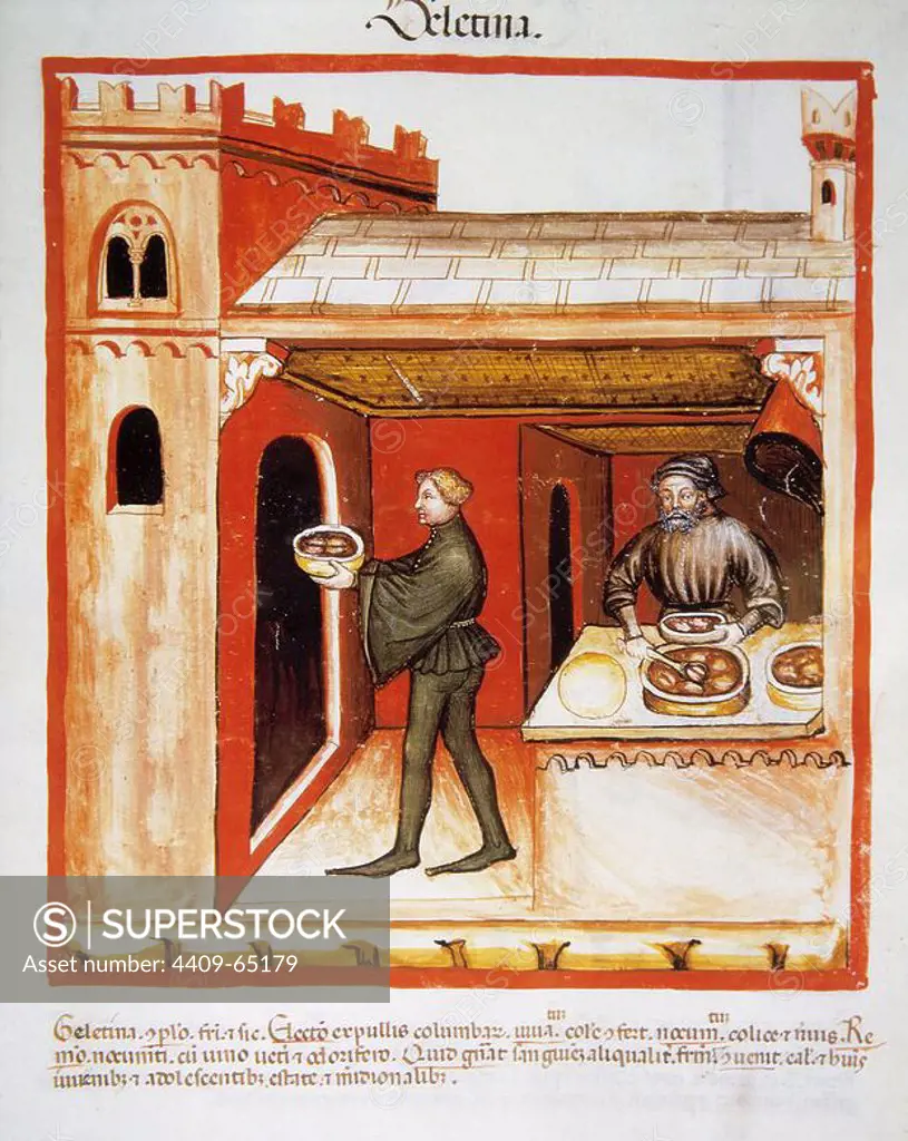 Tacuinum Sanitatis. 14th century. Medieval handbook of health. Meat aspic. Miniature. Fol. 76 r.