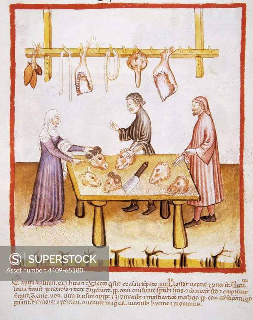 Tacuinum Sanitatis. 14th century. Medieval handbook of health. Butchery. Miniature. Fol. 76 v.