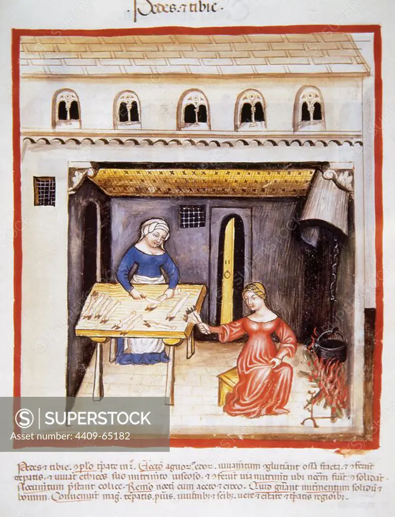 Tacuinum Sanitatis. 14th century. Medieval handbook of health. Women cutting pig's trotters. Miniature. Fol. 78 r.