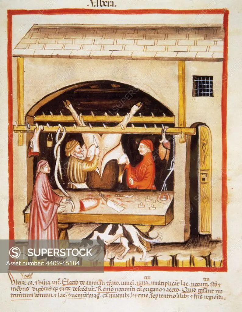 Tacuinum Sanitatis. 14th century. Medieval handbook of health. Butchery. Meat Cutting. Miniature. Fol. 79 r.