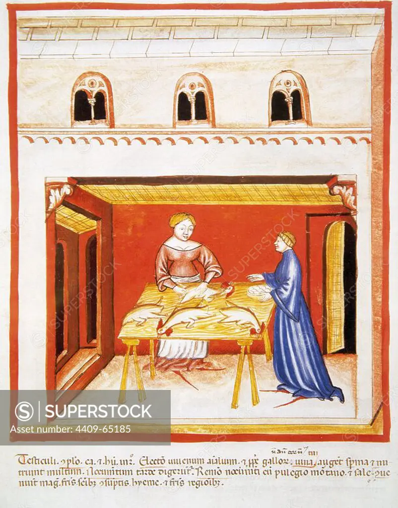 Tacuinum Sanitatis. 14th century. Medieval handbook of health. Women that are clearing chikens. Miniature. Fol. 79 v.