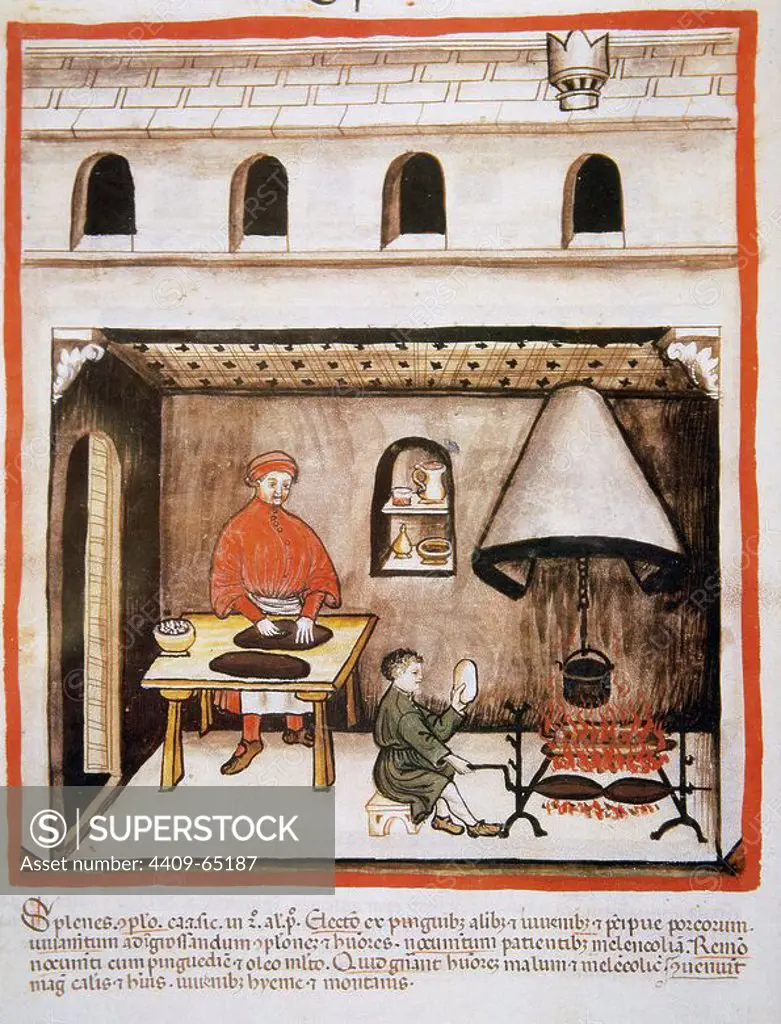 Tacuinum Sanitatis. 14th century. Medieval handbook of health. Fireplace. Cooking pork. Miniature. Fol. 80v.