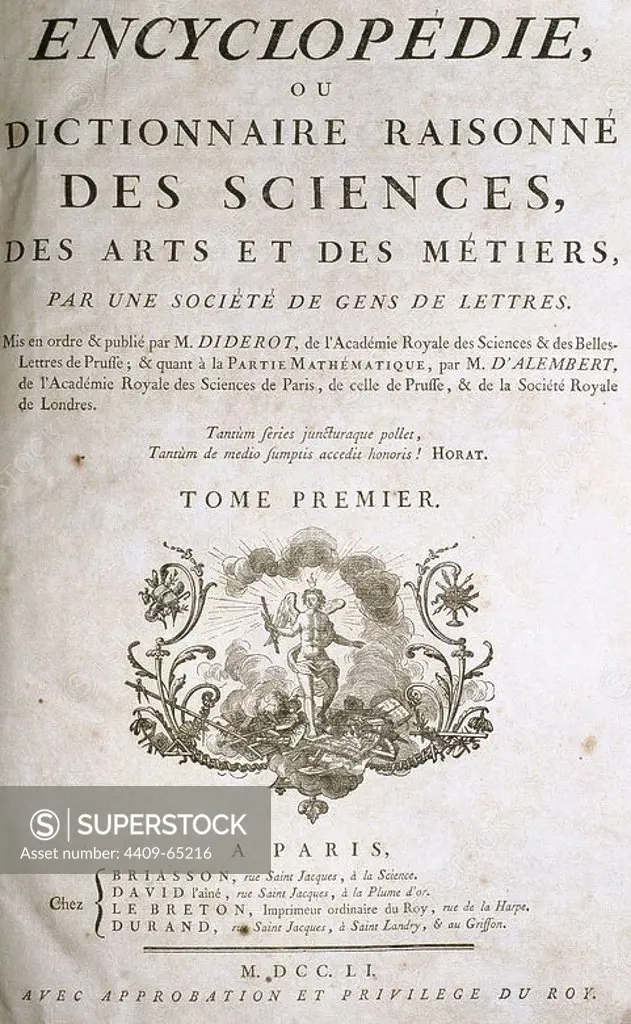 ENCYCLOPEDIE. Portada del primer tomo de la primera edición de La Enciclopedia. Editada en París entre 1751 y 1752; contiene 17 volúmenes de texto y 11 volúmenes de grabados.