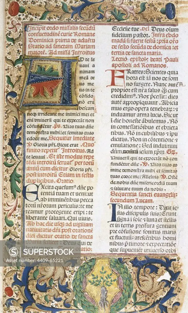 MISSALE ROMANUM. Primer folio del incunable realizado en Nápoles, en el año 1477.