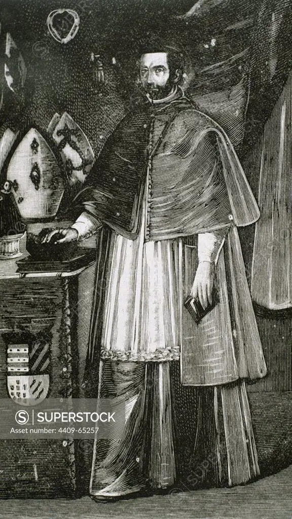 PALAFOX Y MENDOZA, Juan de (Fitero,1600-Osma,1659). Prelado y escritor español. Fue nombrado obispo de Puebla (Mexico); desempeño tambien el virreinato (1642). A su regreso a España fue nombrado obispo de Osma. Edito las cartas de Santa Teresa (1658). Grabado por Rico.