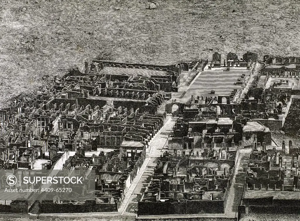Vista aérea de las excavaciones de la ciudad de POMPEYA, descubierta a finales del s. XVIII. Grabado de K. Henkil, año 1890.