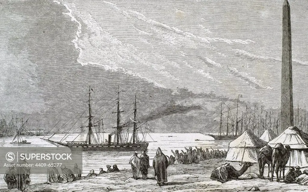 EGIPTO. Paso de la fragata "BERENGUELA" por el CANAL DE SUEZ, primer buque de gran envergadura que realizó la travesía. Grabado del año 1870.