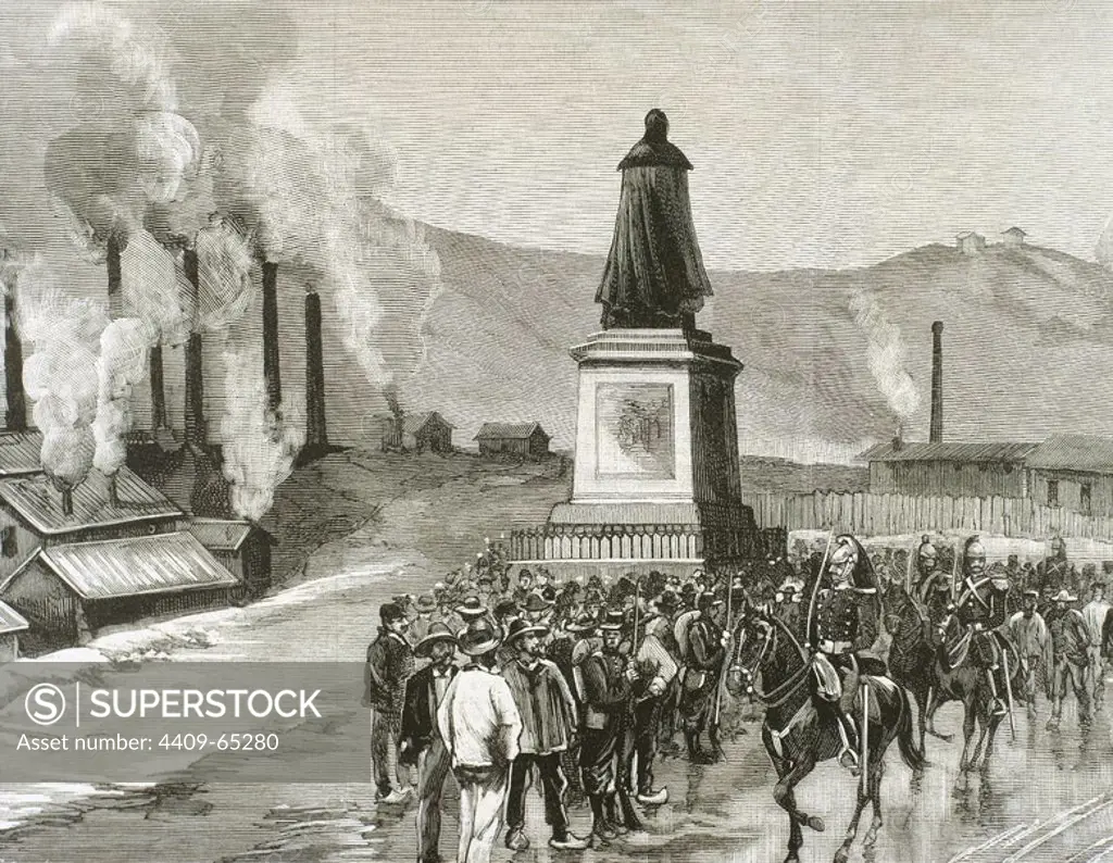 HISTORIA DE FRANCIA. HUELGA DE DECAZEVILLE (ciudad del Departamento de Aveyron). Patrullas militares cruzando por la plaza del Duque de Decazes, ocupada por los huelguistas de las minas de carbón y fábricas de acero. Grabado del año 1886, por J. Combá.