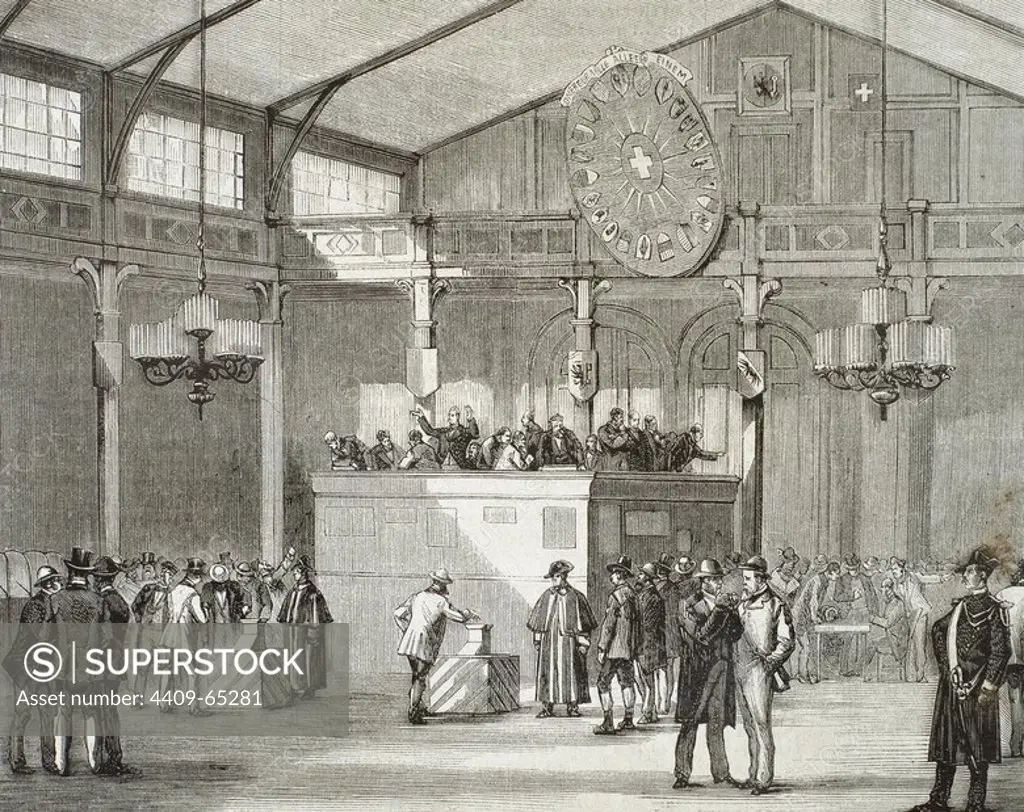 Interior del salón electoral durante un plebiscito. Ginebra. Suiza. Grabado del año 1872, obra de Laporta.