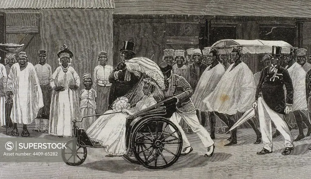 HISTORIA DE SIERRA LEONA. Una boda de la "High Life". Grabado del año 1880.