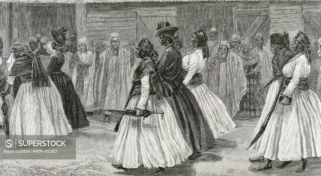 HISTORIA DE SIERRA LEONA. Grabado del año 1880 con la representación de un cortejo fúnebre por las calles de Sierra Leona.