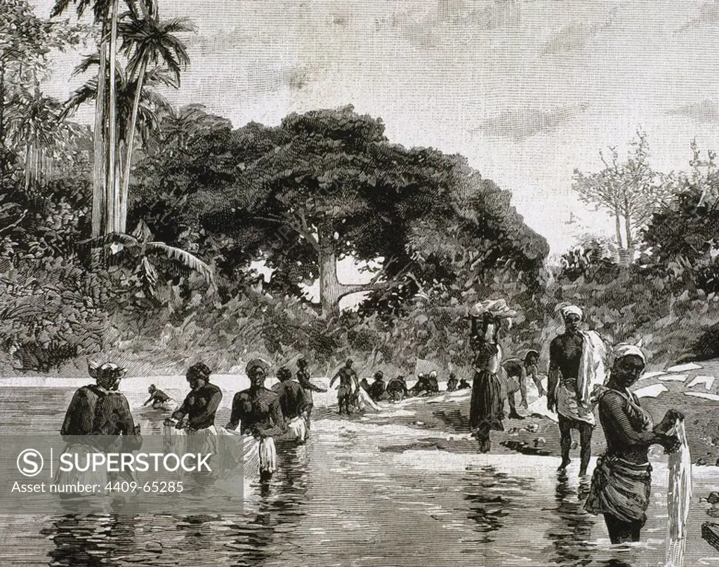 Matachín (Canal de Panamá). LAVANDERAS en el río Chagres. Grabado del año 1879.