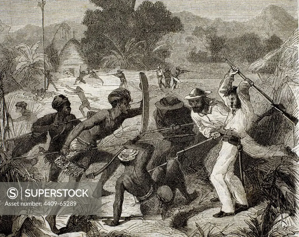 OCEANIA. MELANESIA. Matanza de nativos en NUEVA CALEDONIA por parte de tropas colonialistas. Grabado del año 1877.