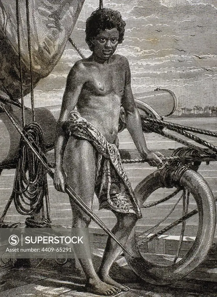 OCEANIA. MICRONESIA. INDIGENA DE KOROR (una de las islas de Palau) a bordo de un buque europeo. Grabado del año 1882.