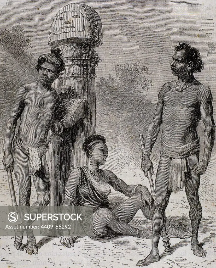 OCEANIA. MICRONESIA. Indígenas Sontals y Malers. Grabado del año 1876.