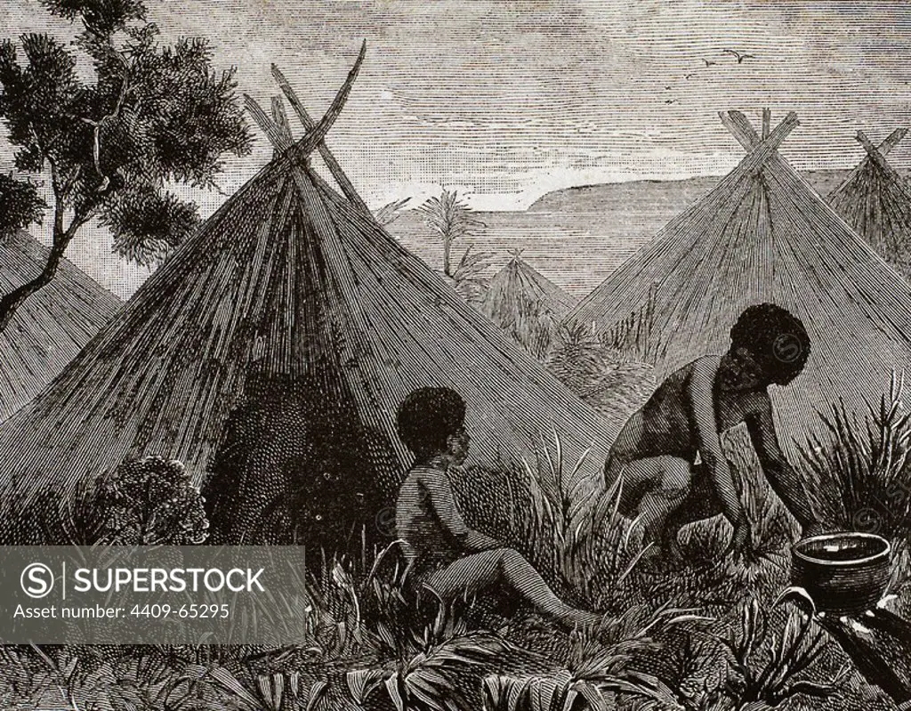 NUEVA GUINEA. Aldea papú. Grabado del año 1881.