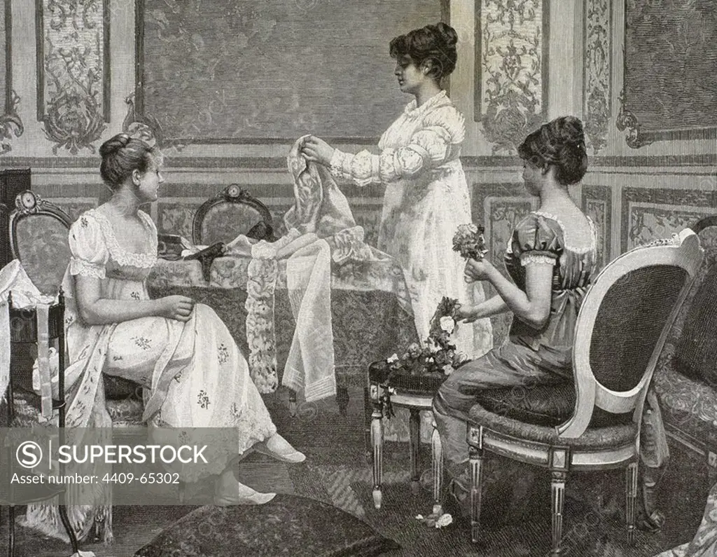 Mujeres preparando el traje de novia y demás vestimenta. Grabado del año 1885.