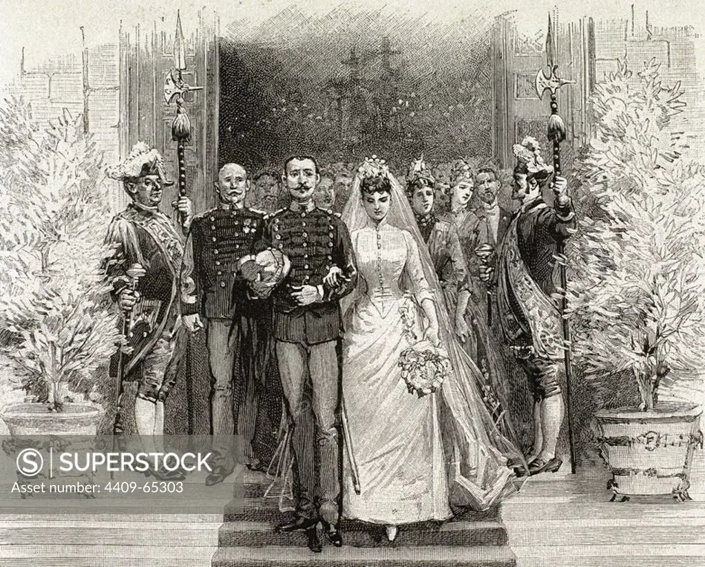 CEREMONIA NUPCIAL entre una mujer de la alta burguesía y un jefe militar. Grabado del siglo XIX con la representación de los novios abandonando la iglesia.