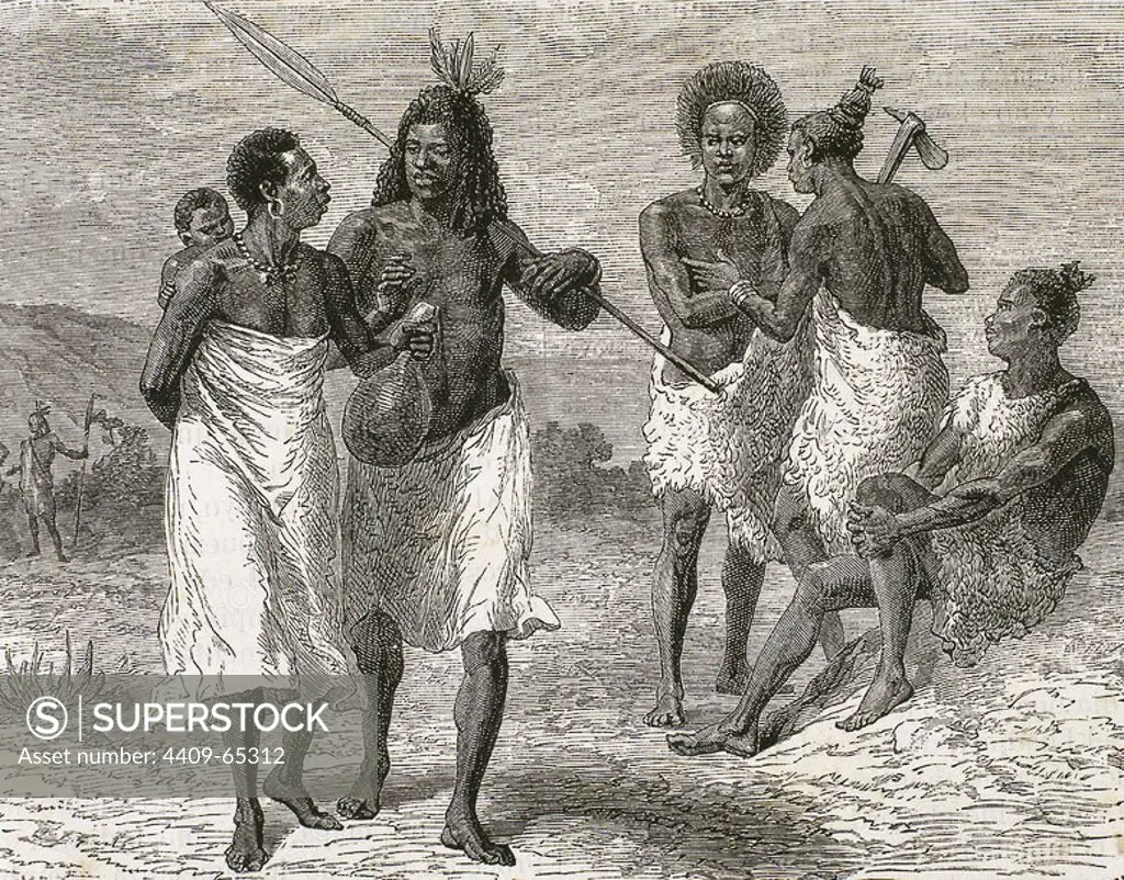 HISTORIA DE AFRICA. Indígenas de los VOUANYAMOUEZI. Grabado del año 1882.
