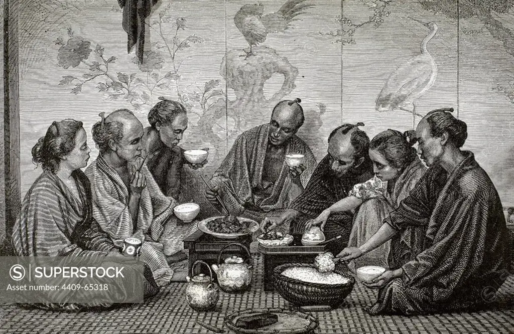 HISTORIA DEL JAPON (siglo XIX). Familia de clase media comiendo. Grabado del siglo XIX.