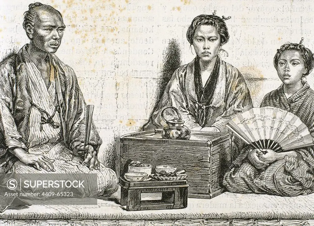 HISTORIA DEL JAPON. Tipos de la clase de MENESTRALES tomando el té. Grabado del año 1882.