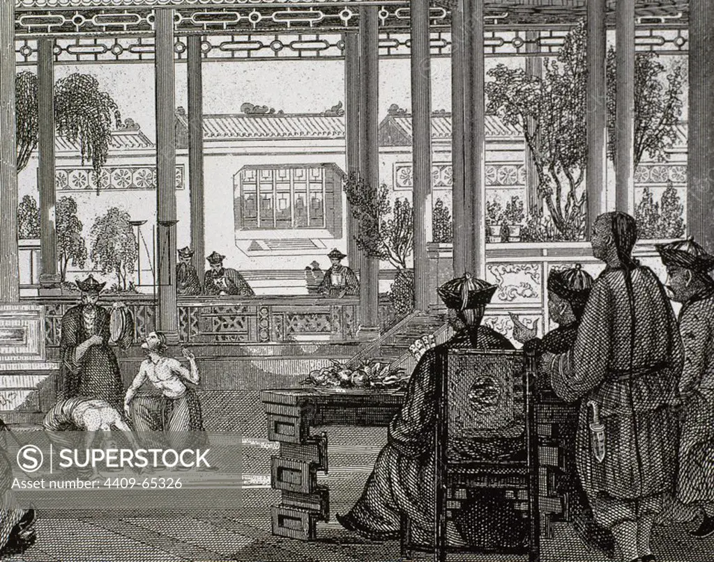 HISTORIA DEL IMPERIO CHINO. "EQUILIBRISTAS ACTUANDO EN LA CORTE IMPERIAL". Grabado del siglo XIX.