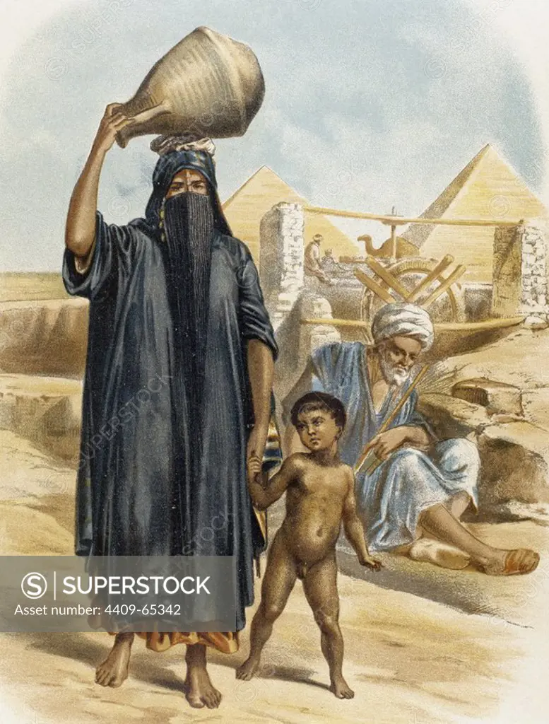 HISTORIA DE EGIPTO. Dibujo con la representación de una madre EGIPCIA con su hijo.