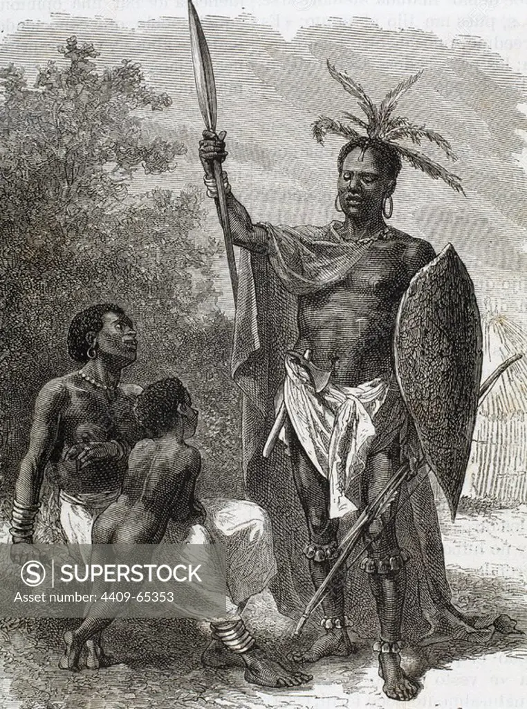 HISTORIA DE AFRICA. INDIGENAS DEL OUGOGO. Hombre con traje de guerra. Grabado de "El Mundo Ilustrado" (año 1884) .