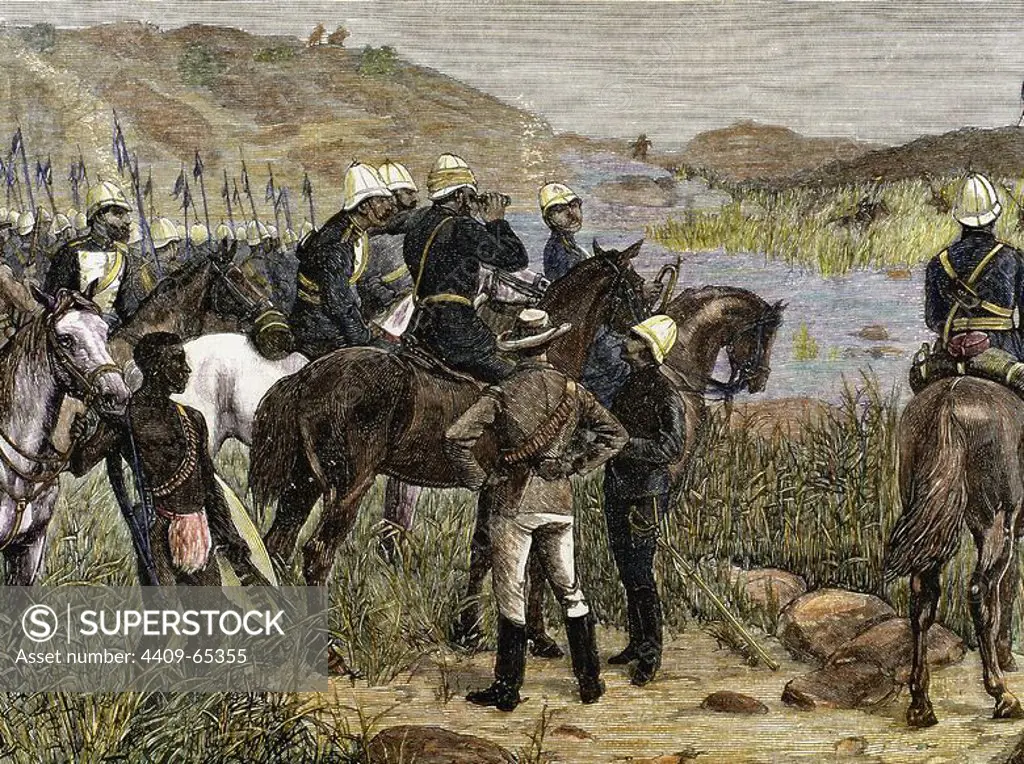 Capture of Cetshwayo. The detachment of Major Marter sights the Kraal, last refuge of the ex-king of the Zulus. Colored engraving of Spanish and American Illustration, 1879, after a sketch by an officer of the detachment.