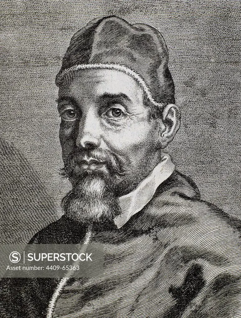 URBANO VIII (Florencia, 1568-Roma, 1644). Papa italiano, de nombre MAFFEO VICENTE BARBERINI fue elegido en 1623. Durante la guerra de los Treinta Años mantuvo una política francófila. Grabado.
