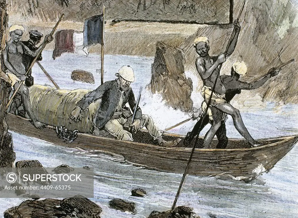 EXPLORACION DEL CONGO. M. BOFFARD-COQUAT navegando en piragua por el cauce del río OGOOUE, no navegable para grandes embarcaciones. Grabado coloreado, 1887.