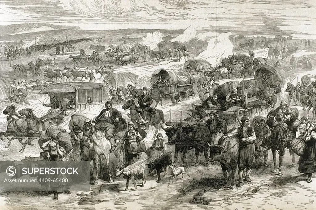 "Evacuación de Alexinatz. Serbia". Grabado del siglo XIX por Rico.
