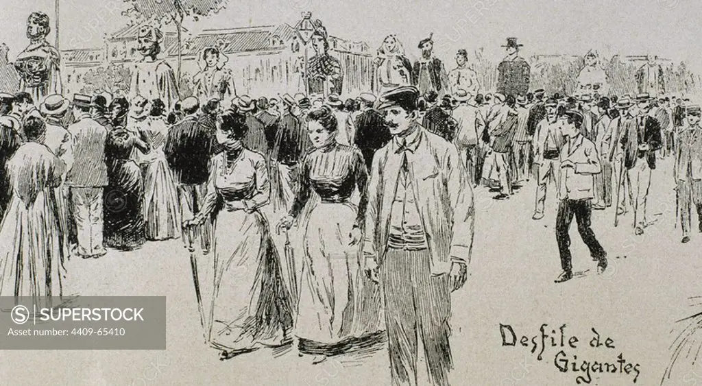 BARCELONA. FIESTAS DE LA MERCED. DESFILE DE GIGANTES. Dibujo por J. PASSOS. La Ilustración Artística, 1887.