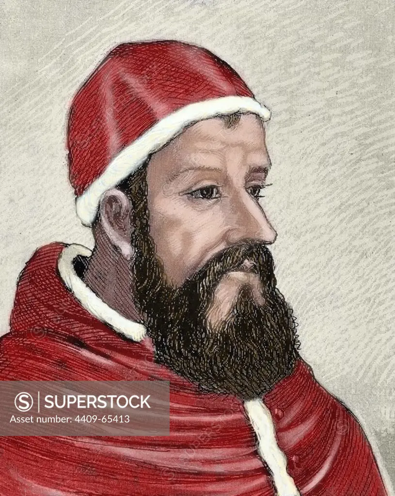 Clement VII (14781534), born Giulio di Giuliano de Medici Cardinal from 1513 to 1523 and Pope from 1523 to 1534. Thanks to his patronage Michelangelo finished the paintings of the Last Judgement in the Sistine Chapel. Colored engraving by Serra Pausas.