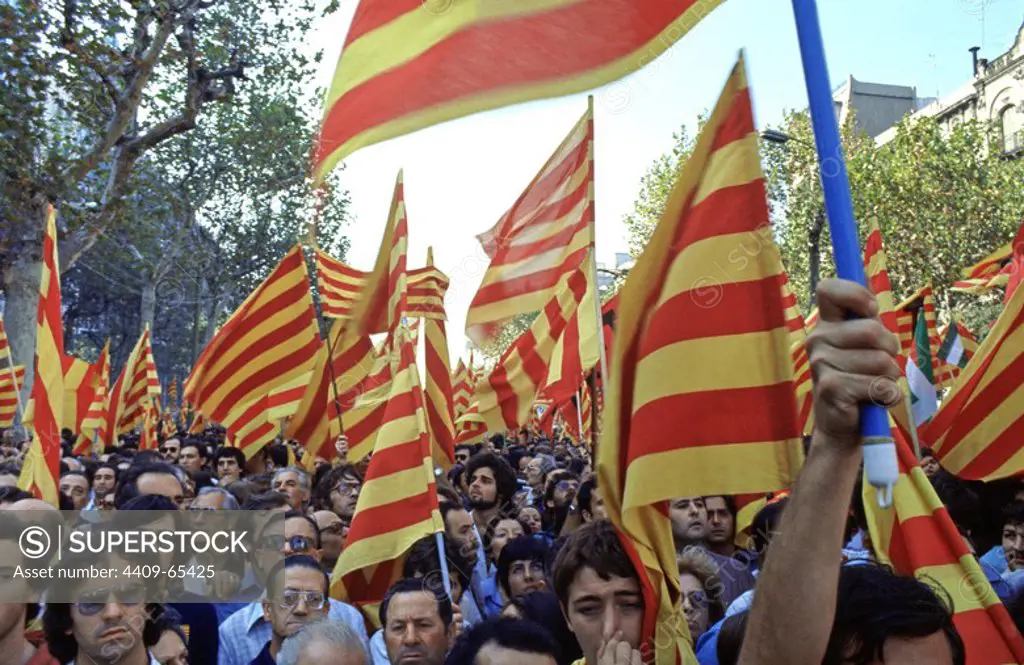 11 DE SEPTIEMBRE DE 1977. "DIADA NACIONAL DE CATALUÑA". Detalle de las banderas catalanas ondeando en la manifestación multitudinaria que tuvo lugar en el Paseo de Gracia de Barcelona.