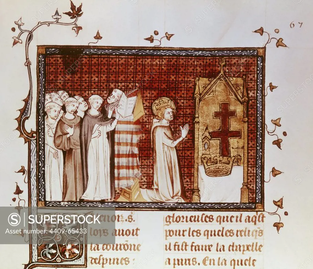 LUIS IX o SAN LUIS (Poissy,1214-Túnez,1270). Hijo y sucesor de Luis VIII. Miniatura del siglo XIV donde se representa a SAN LUIS ADORANDO LAS RELIQUIAS DE NUESTRO SEÑOR, para las que mandó construir la Sante Chapelle.