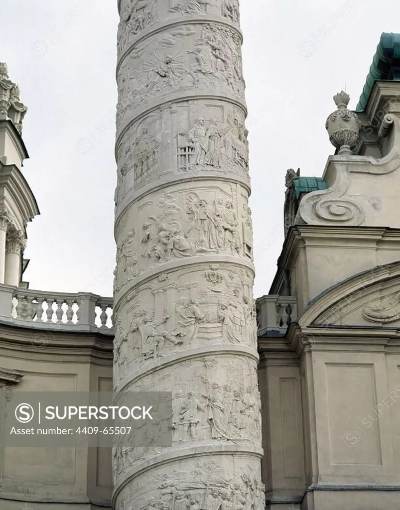 Church of St. Charles (1716-1737). Right column with spiral decoration depicting scenes from the life of St. Charles Borromeo. The Courage. Carved by Lorenzo Mattielli (1678/88-1748). Detail. Vienna. Austria.