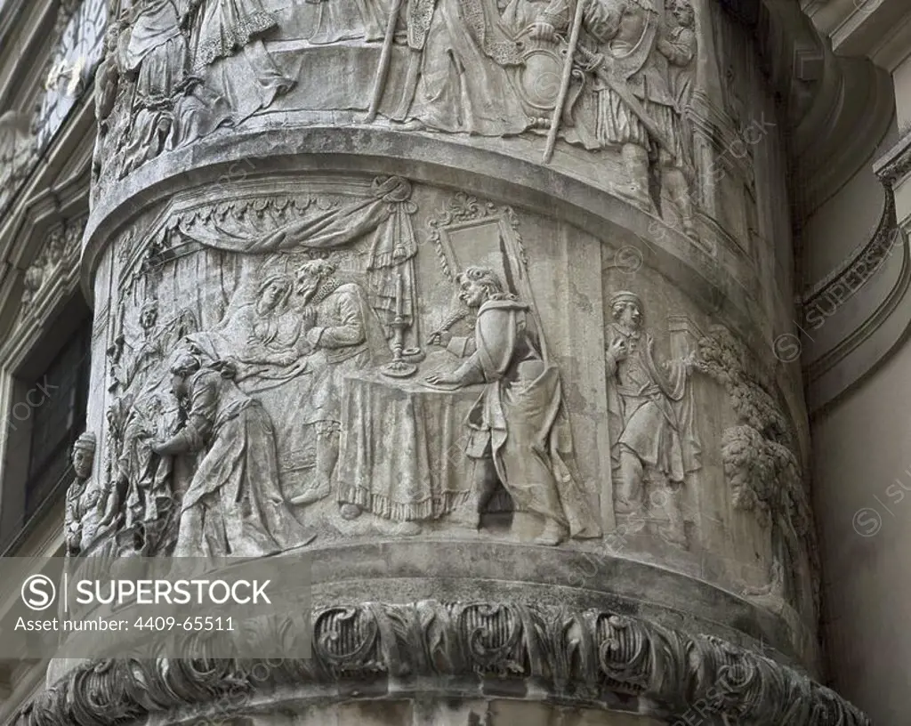 Church of St. Charles (1716-1737). Right column with spiral decoration depicting scenes from the life of St. Charles Borromeo. The Courage. Carved by Lorenzo Mattielli (1678/88-1748). Detail. Vienna. Austria.