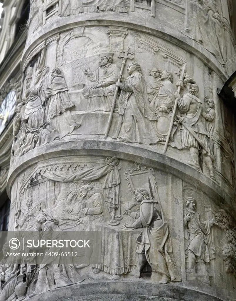 Church of St. Charles (1716-1737). Right column with spiral decoration depicting scenes from the life of St. Charles Borromeo. The Courage. Carved by Lorenzo Mattielli (1678/88-1748). Detail. Vienna. Austria.
