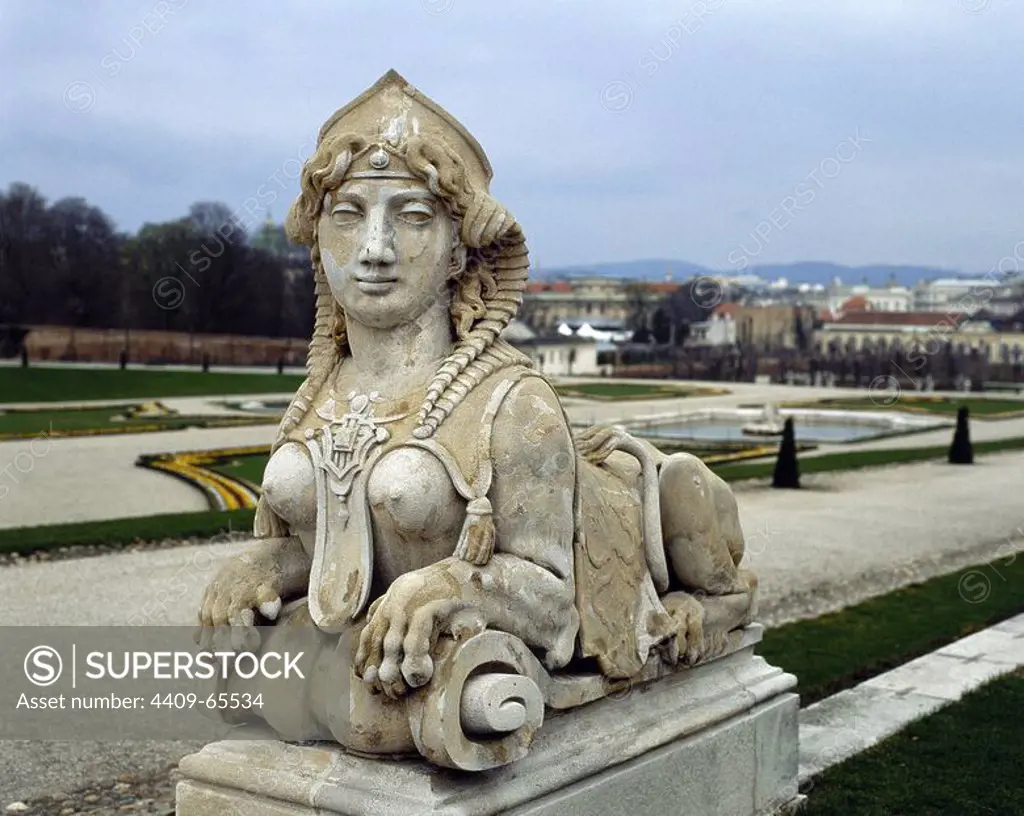 Belvedere Palace. Gardens designed by Dominique Girard. Sphinx. Statue. Vienna. Austria.