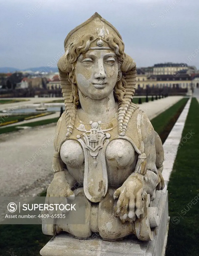 Belvedere Palace. Gardens designed by Dominique Girard. Sphinx. Statue. Vienna. Austria.