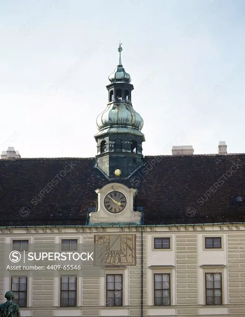 Austria. Vienna. Clock tower of the Amalienburg. Hofburg Palace. Baroque.