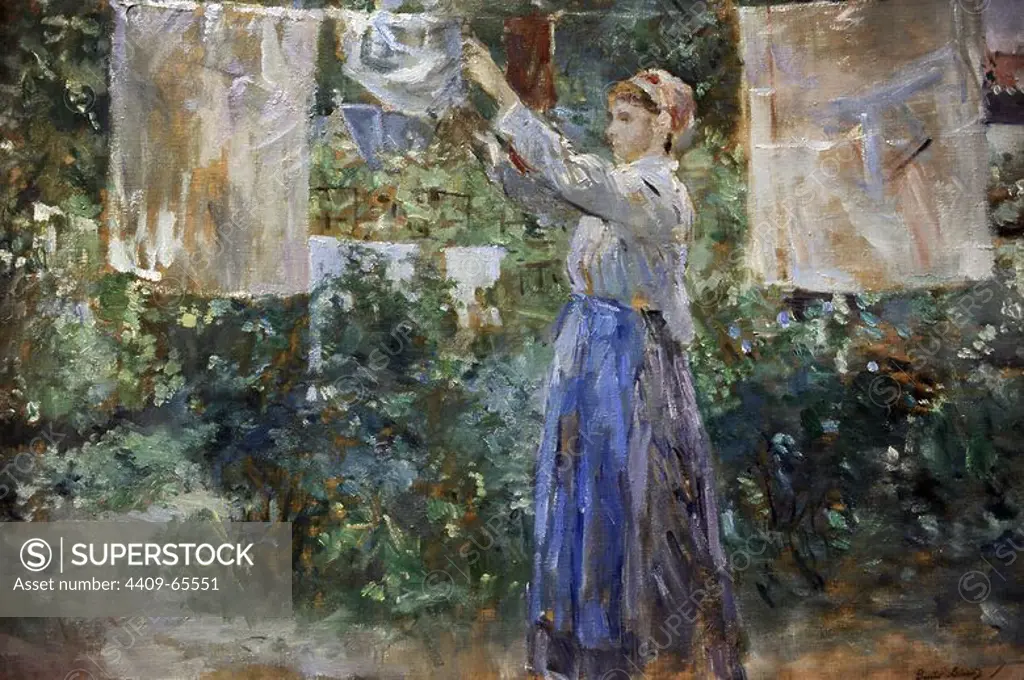 Berthe Morisot (1841-1895). French painter. Impressionism. Peasant girl hanging clothes to dry (1881). Ny Carlsberg Glyptotek. Copenhgen. Denmark.