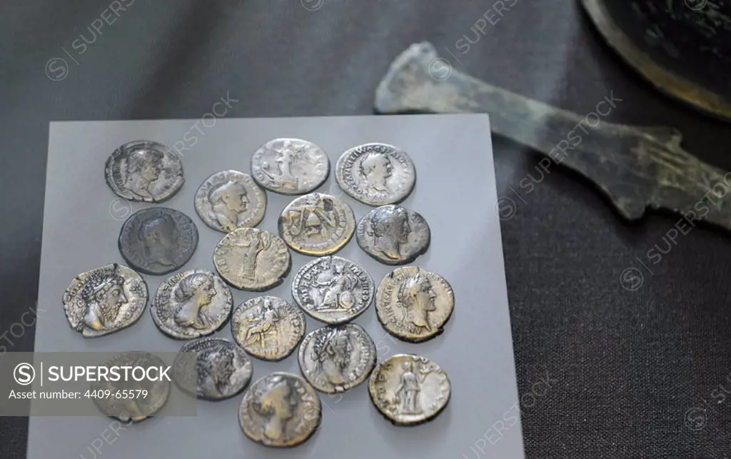 Roman silver denarius coins. Can be dated to the period from around A.D. 72 till 200 and were offered up at the beginning of the 4th century A.D. From Nydan Bog. Ny Carlsberg Glyptotek. Copenhagen. Denmark.