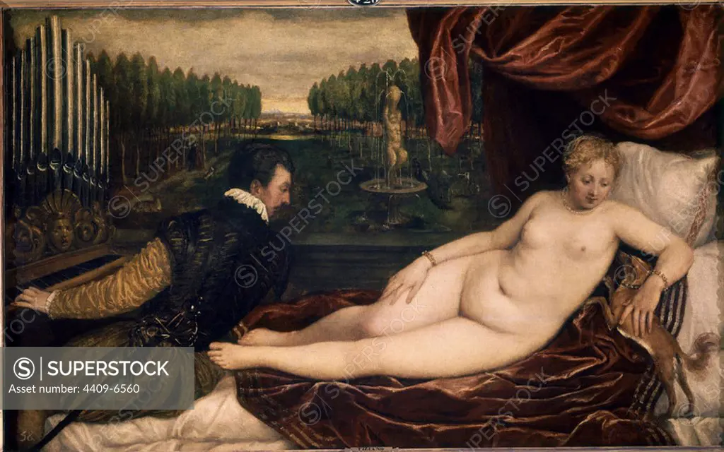 'Venus with an Organist and a Dog', ca. 1550, Oil on canvas, 138 cm x 222,4 cm x 3,5 cm, P00420. Author: TIZIANO VECELLIO DE GREGORIO-TICIANO-. Location: MUSEO DEL PRADO-PINTURA. MADRID. SPAIN. VENUS DIOSA ROMANA.